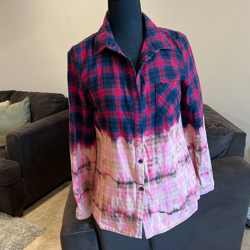 Peach Love Bleach Dipped Flannel Shirt Size Small
